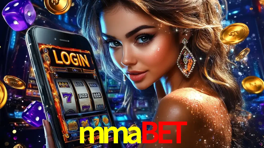 Mulher glamorosa segurando um smartphone com a tela de login para os jogos de caça-níqueis do cassino online mmabet, com moedas de ouro e dados ao redor.