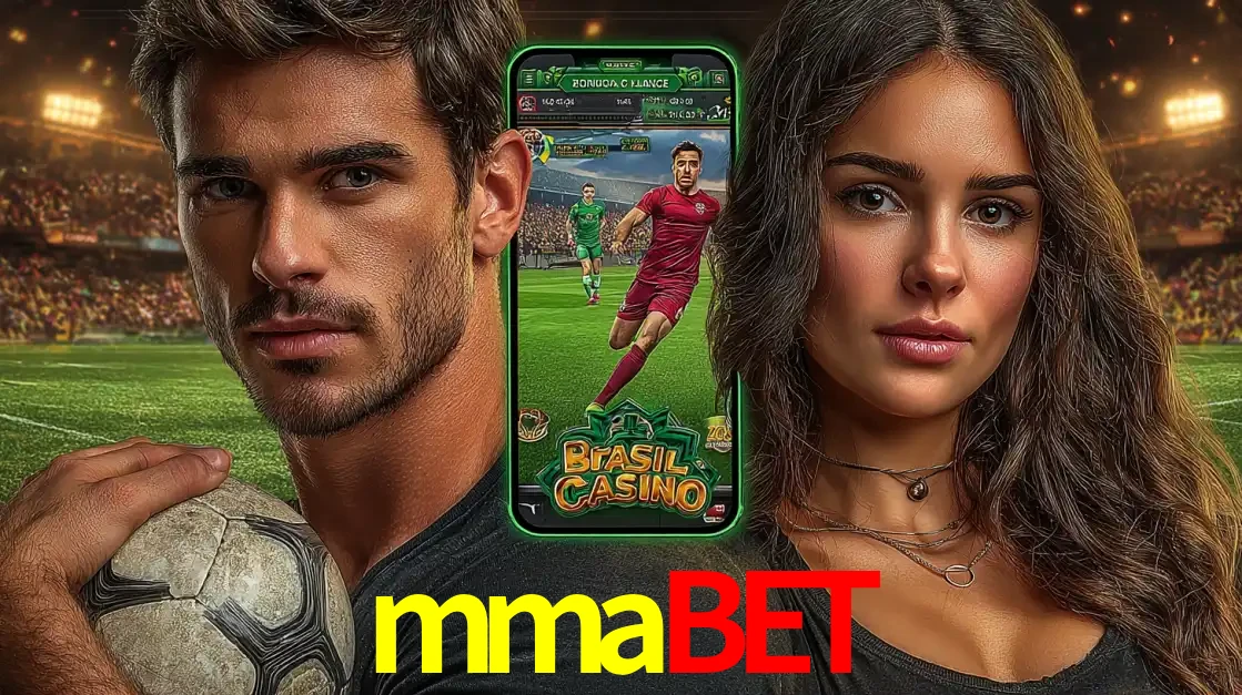 Homem segurando uma bola de futebol e uma mulher ao lado de um smartphone exibindo o jogo de apostas esportivas da mmabet. Faça seu palpite no cassino online.